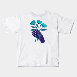 Dark purple blue hand with turquoise flowers for you Kids T-Shirt